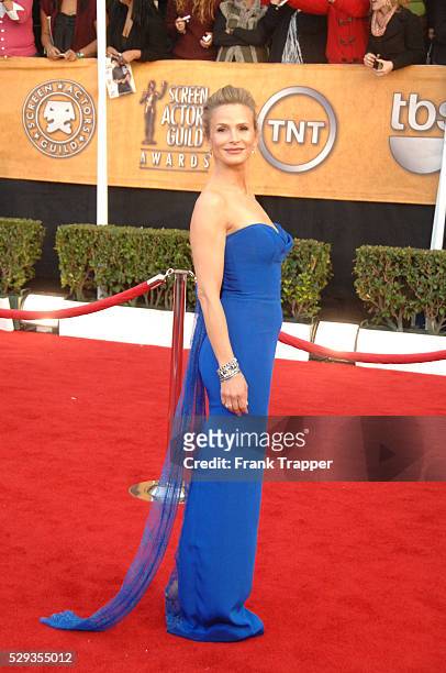 Actress Kyra Sedgwick arrives at the 14th annual Screen Actors Guild Awards�� held at the Shrine Exposition Center. Dress by L'Wren Scott.
