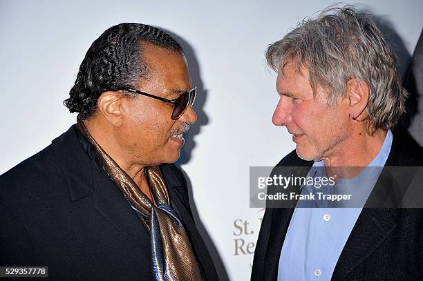 Actors Billy Dee Williams and Harrison Ford arrive at the 30th anniversary charity screening of "The Empire Strikes Back" at Arclight Cinema in...