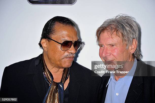 Actors Billy Dee Williams and Harrison Ford arrive at the 30th anniversary charity screening of "The Empire Strikes Back" at Arclight Cinema in...