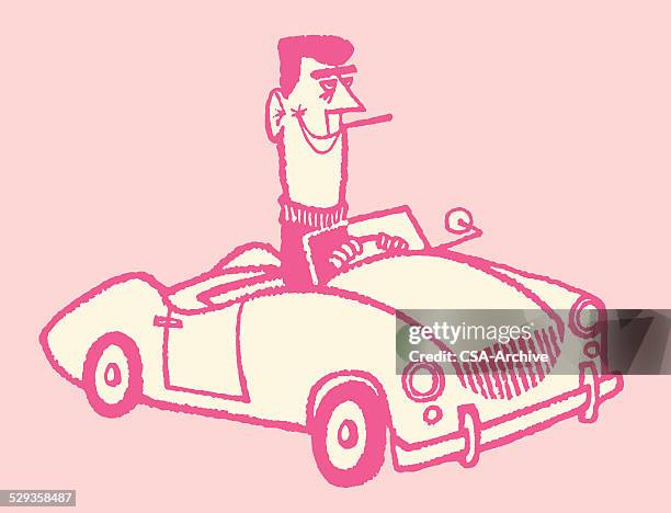 stockillustraties, clipart, cartoons en iconen met man driving convertible - kleine tweepersoonsauto