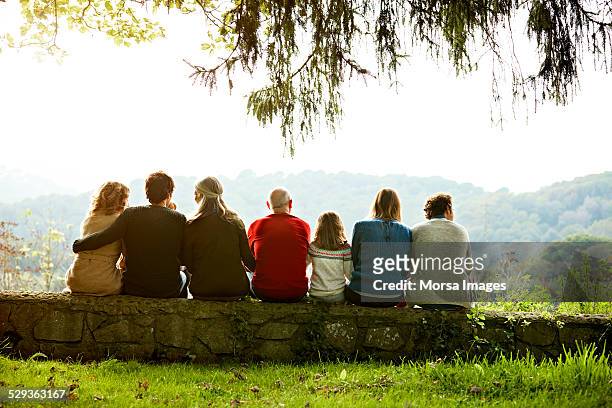 multi-generation family relaxing on retaining wall - back shot position stock pictures, royalty-free photos & images
