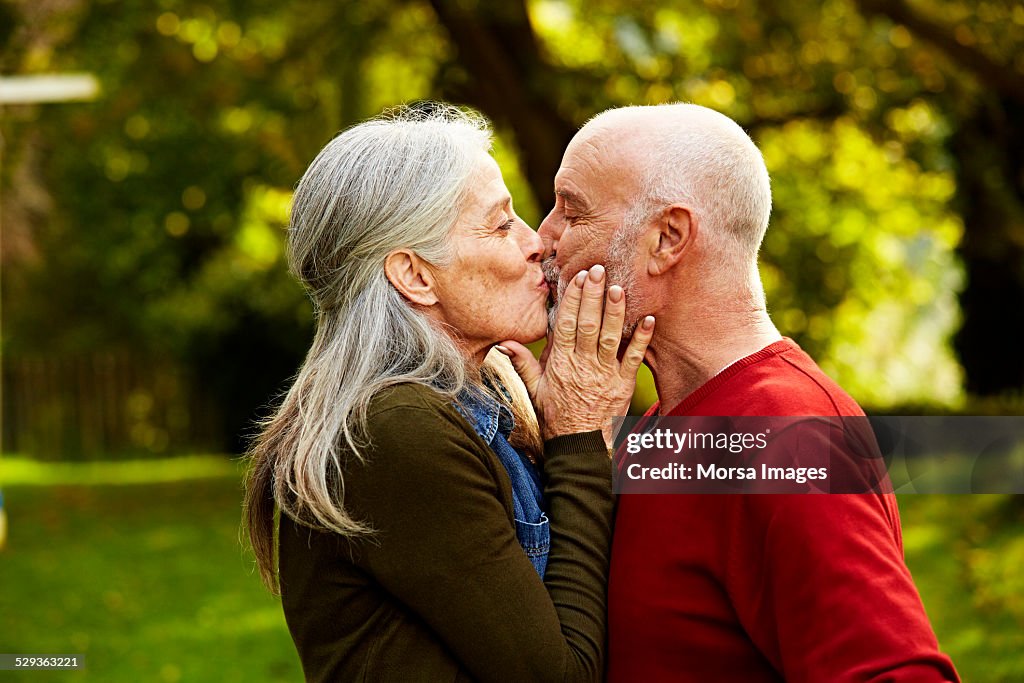 Senior couple kissing at park