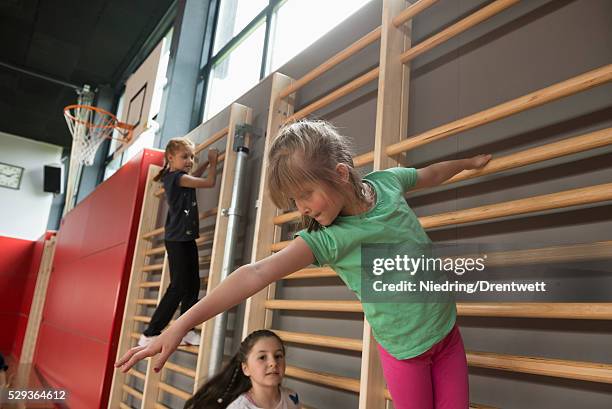 three girls exercising on wall bars in large gym, munich, bavaria, germany - gymnastics equipment stock pictures, royalty-free photos & images