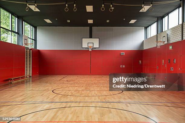 interiors of a sports hall, munich, bavaria, germany - basketball on court stock-fotos und bilder