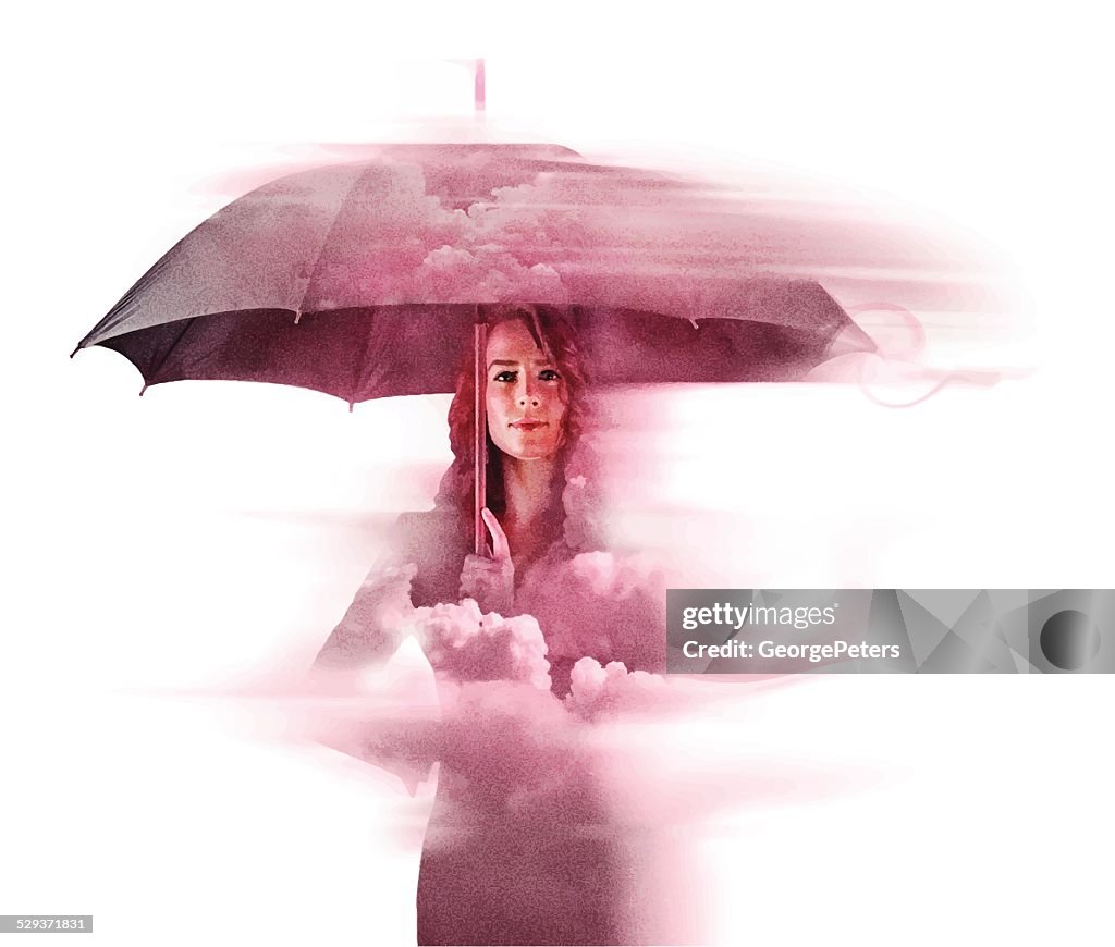 Woman Umbrella, Wind and Clouds