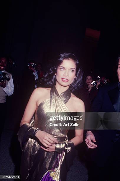 Bianca Jagger wearing a gold lame dress; circa 1970; New York.