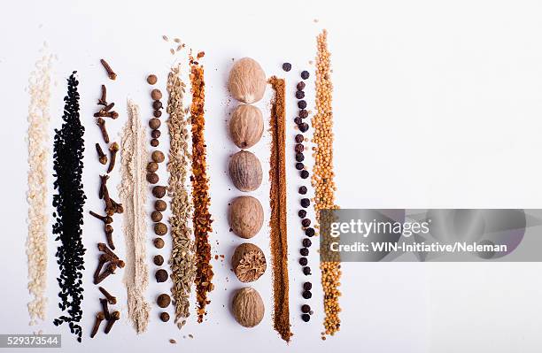 high angle view of spices - nuez moscada fotografías e imágenes de stock