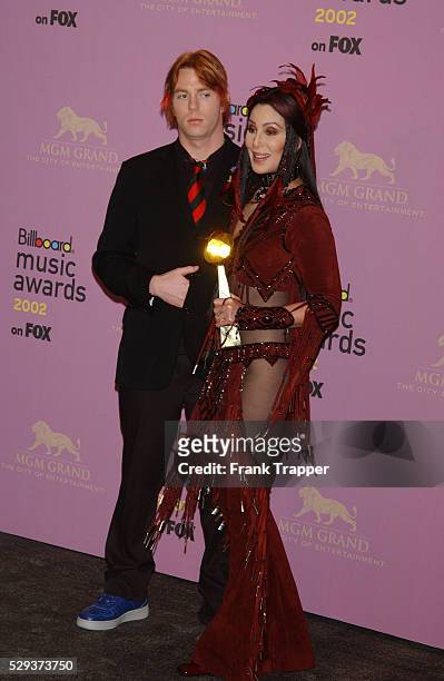 Cher, winner of the Artist Achievement Award, and son Elijah Blue backstage at the 2002 Billboard Music Awards.
