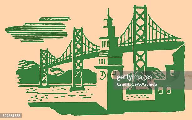 illustrazioni stock, clip art, cartoni animati e icone di tendenza di suspension bridge e torre dell'orologio - torre con guglia