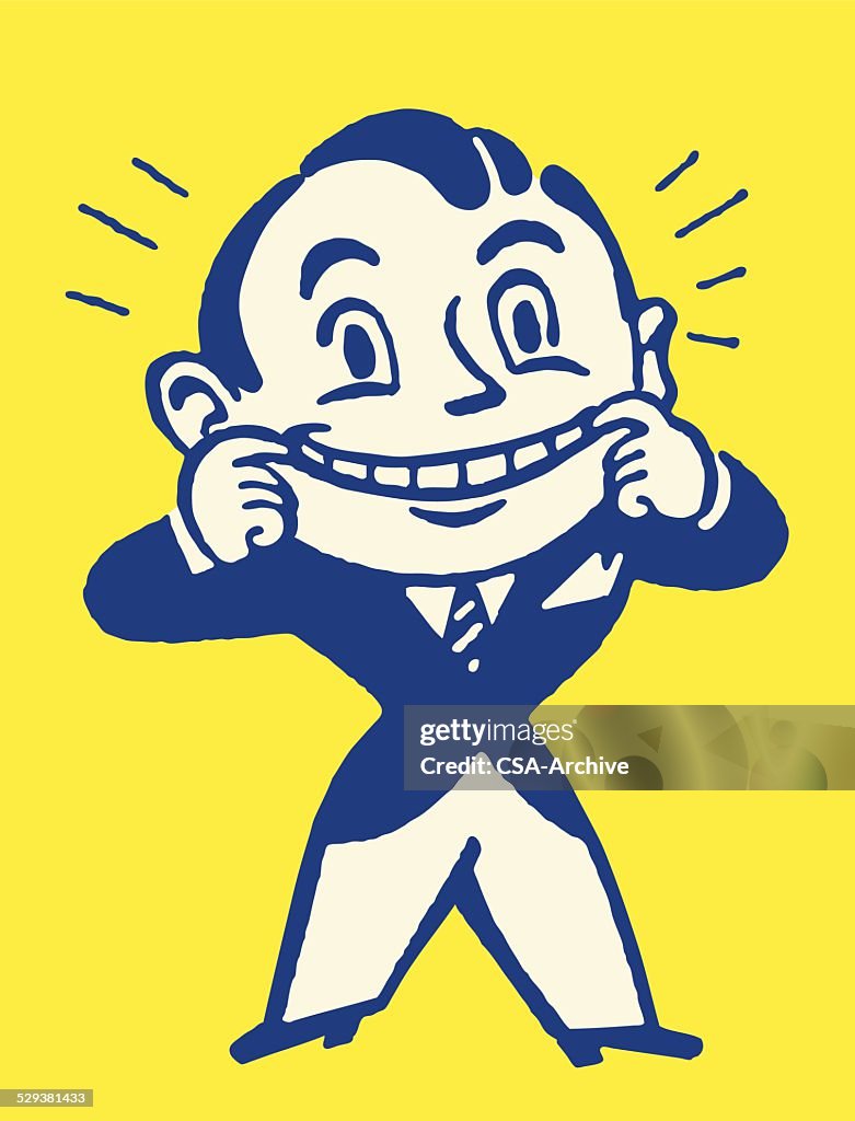 Smiling Man in Suit Pulling Mouth Open