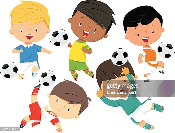 ilustraciones, imágenes clip art, dibujos animados e iconos de stock de niños jugando al fútbol - drive ball sports