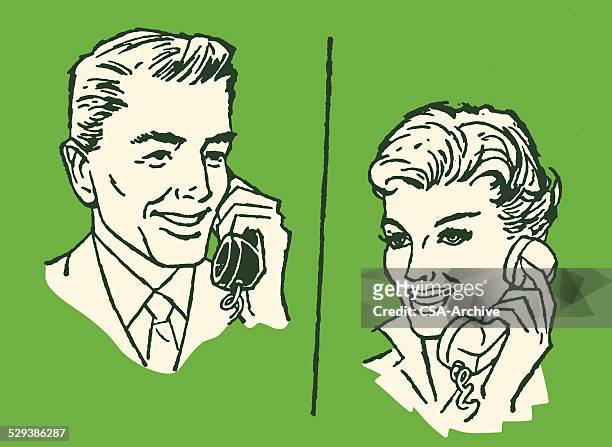 illustrazioni stock, clip art, cartoni animati e icone di tendenza di coppia che parla al telefono - bingo caller
