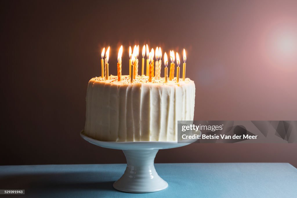 Still life of birthday cake with candles.
