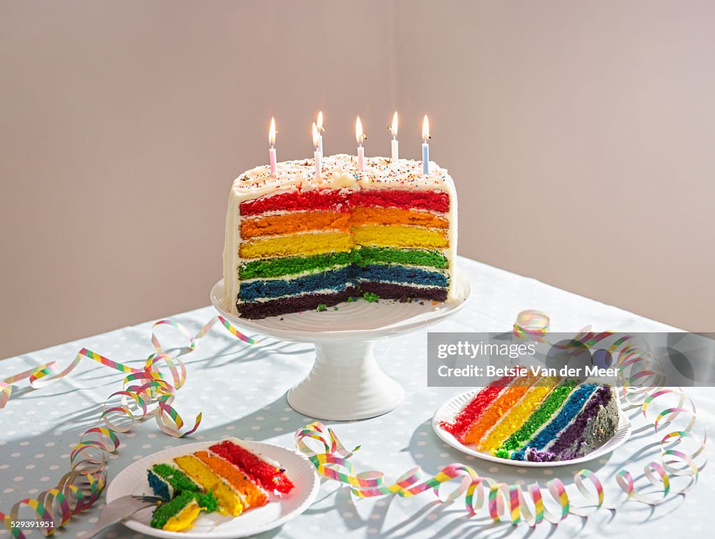 Still life of birthday cake on table.