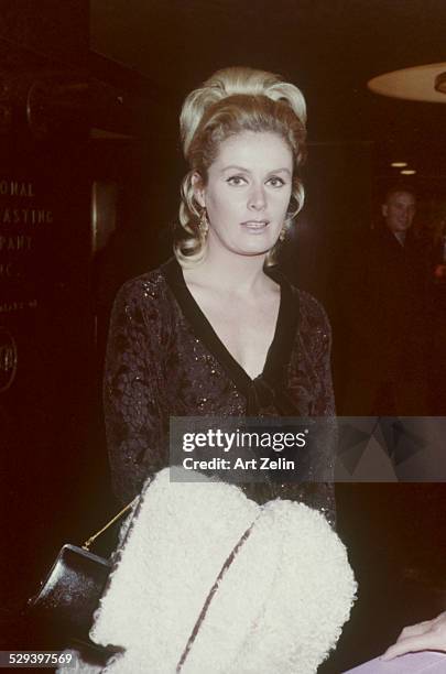 Diana Hyland in a beaded dress at a formal event; circa 1970; New York.