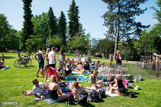 young people relax in kungsparke park - gothenburg bike stock pictures, royalty-free photos & images