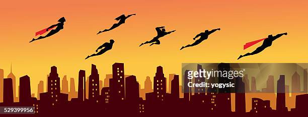 superhero legion above the city - superhero flying stock illustrations