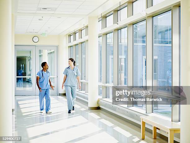 surgeons in discussion walking through hospital - hopital couloir photos et images de collection