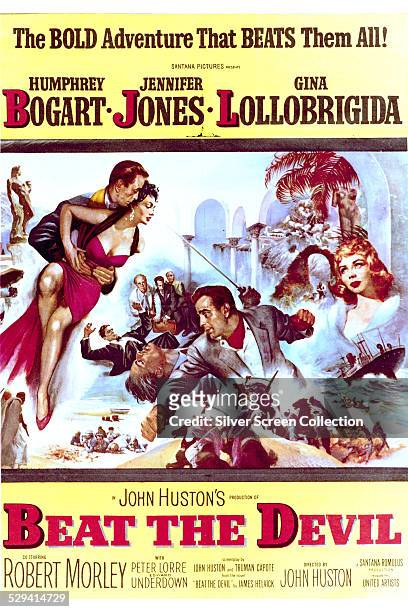 Poster for John Huston's 1953 adventure comedy 'Beat The Devil'. The film stars Humphrey Bogart, Jennifer Jones and Gina Lollobrigida.