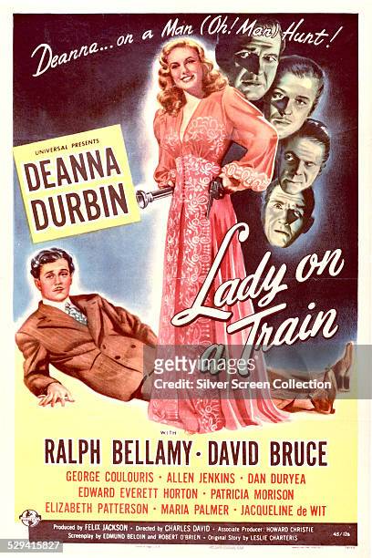 Poster for Charles David's 1945 crime comedy 'Lady On A Train', starring Deanna Durbin, Ralph Bellamy, and David Bruce.