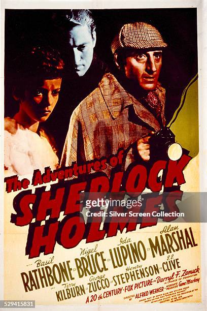 Poster for Alfred L. Werker's 1939 mystery adventure 'The Adventures Of Sherlock Holmes', featuring Ida Lupino, Alan Marshal and Basil Rathbone. The...