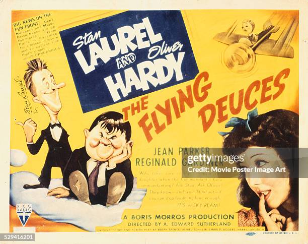 Poster for A. Edward Sutherland's 1939 comedy 'The Flying Deuces' starring Stan Laurel, Oliver Hardy, and Jean Parker.