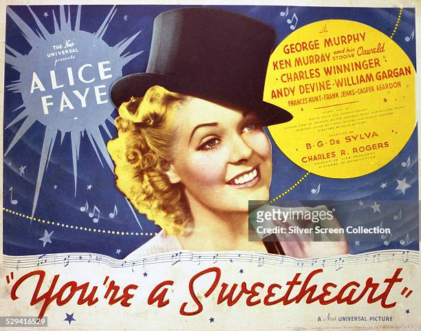 Lobby card for David Butler's 1937 film musical 'You're A Sweetheart', starring Alice Faye.