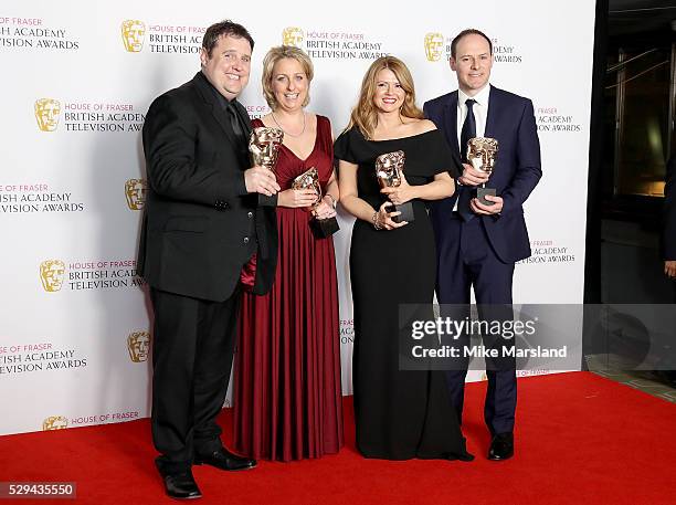 Peter Kay, Gill Isles, Sian Gibson and Paul Coleman winners of Best Scripted Comedy for 'Peter Kay's Car Share', pose in the winners room at the...