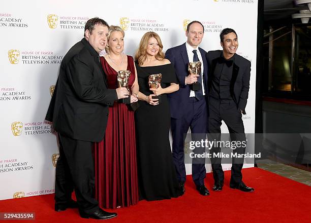 Presenter Kunal Nayyar with Peter Kay, Gill Isles, Sian Gibson and Paul Coleman winners of Best Scripted Comedy for 'Peter Kay's Car Share', pose in...