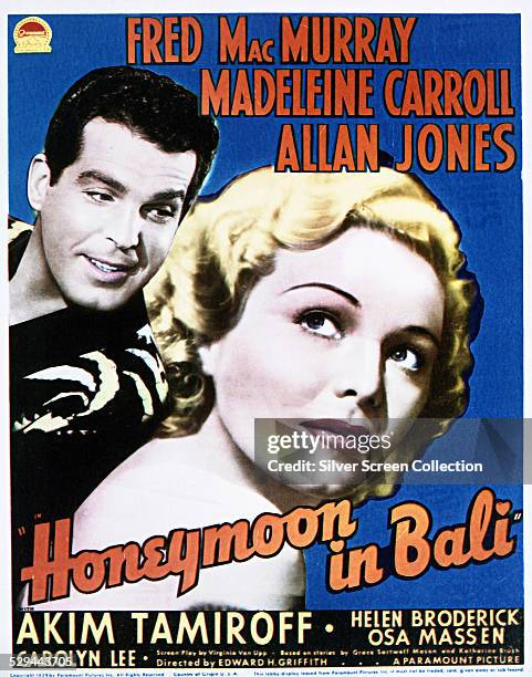 Poster for Edward H. Griffith's 1939 romantic comedy 'Honeymoon In Bali', starring Fred MacMurray and Madeleine Carroll.