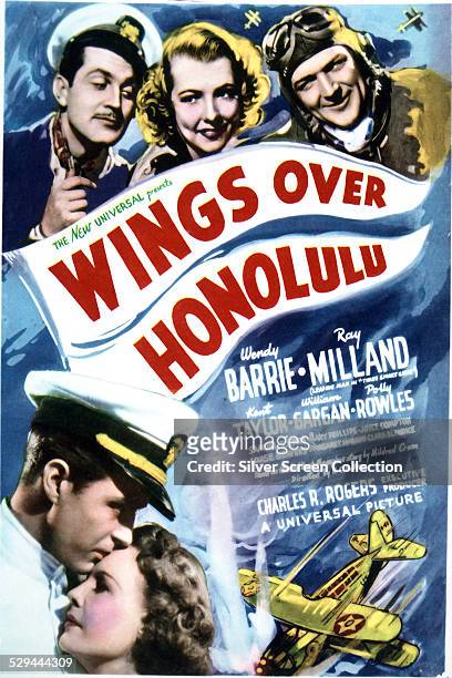 Poster for H. C. Potter's 1937 romantic drama film 'Wings Over Honolulu', starring Ray Milland and Wendy Barrie , with , William Gargan, Polly Rowles...