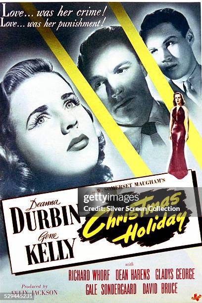 Poster for Robert Siodmak's 1944 film noir, 'Christmas Holiday', featuring Deanna Durbin, Gene Kelly and Dean Harens.