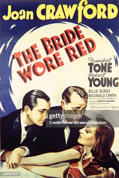 Poster for Dorothy Arzner's 1937 romantic comedy, 'The Bride Wore Red', starring Joan Crawford, Franchot Tone and Robert Young.