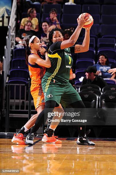 Markeisha Gatling of Seattle Storm handles the ball during the game against the Phoenix Mercury on May 8, 2016 at the Talking Stick Resort Arena in...