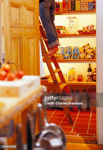cropped view of woman standing on ladder in pantry - speisekammer stock-fotos und bilder