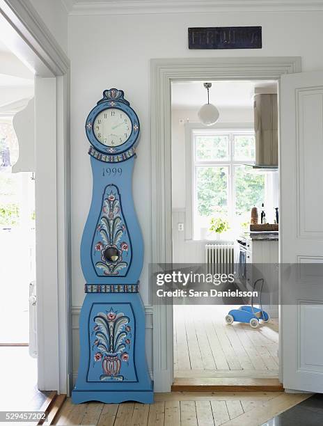 an old clock in rustic style, sweden. - grandfather clock stock pictures, royalty-free photos & images