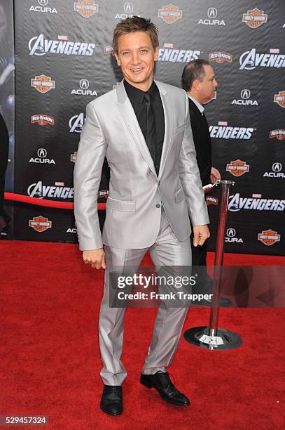 Actor Jeremy Renner arrives at the world premiere of The Avengers held at the El Capitan Theater in Hollywood.