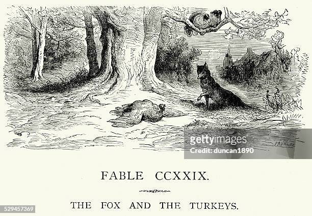 ilustraciones, imágenes clip art, dibujos animados e iconos de stock de la fontaine las fábulas de fox y del turkeys - turkey hunting