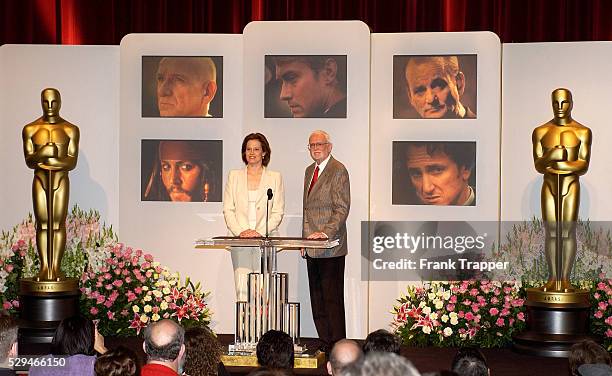 Actress Sigourney Weaver and President of the Academy of Motion Picture Arts and Sciences Frank Pierson announce the nominees for Best Actor in a...