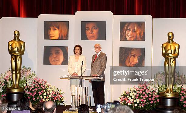 Actress Sigourney Weaver and President of the Academy of Motion Picture Arts and Sciences Frank Pierson announce the nominees for Best Actress in a...