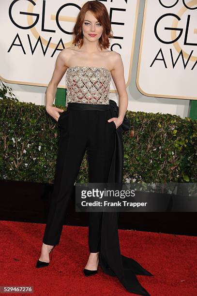Actress Emma Stone arrives at the 72nd Annual Golden Globe Awards held at the beverly Hilton Hotel.