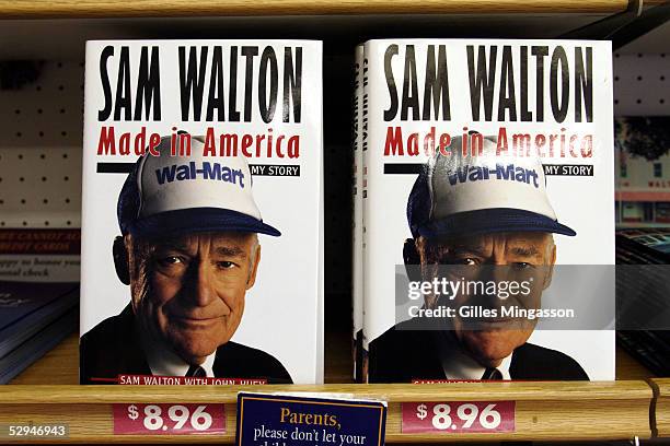 Photograph of Wal-Mart founder Sam Walton book "Made in America" is displayed at the Wal-Mart museum, March 15, 2005 in Bentonville, Arkansas. The...