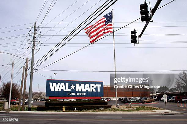 Sign announces the headquarters of the wordl's biggest corporation, Wal-Mart, on Walton Blvd., named after Wal-Mart founder Sam Walton, March 16,...