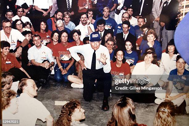 Photograph of Wal-Mart founder Sam Walton speaking to employees is displayed at the Wal-Mart museum, March 17, 2005 in Bentonville, Arkansas. The...