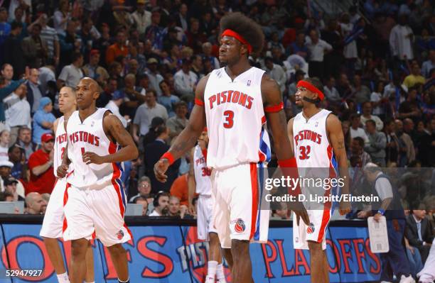 Ben Wallace of the Detroit Pistons walks on the court against the Indiana Pacers in Game two of the Eastern Conference Semifinals during the 2005 NBA...