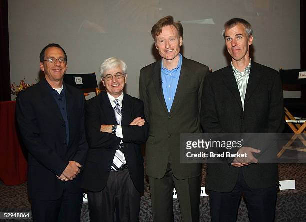Producer Jeff Ross, moderator Bill Carter, talk show host Conan O'Brien and head writer Mike Sweeney pose together during "An Evening with "Late...