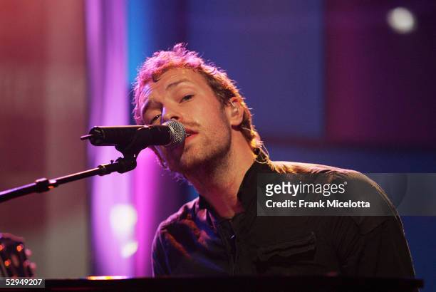 Coldplay singer Chris Martin performs on MTV "Coldplay Live Leak" as the band debuts their new album "X & Y", May 18, 2005 at the MTV Studios in New...