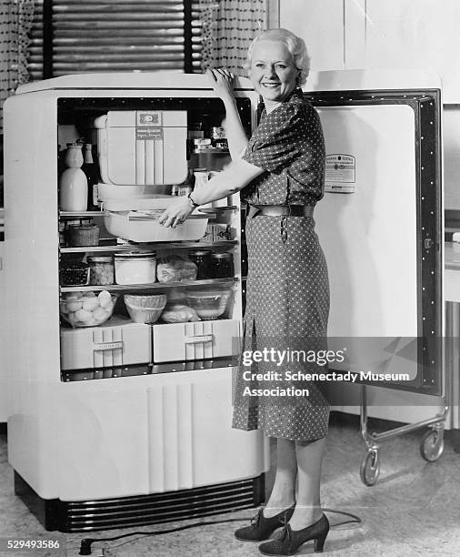 Electric Refrigerator, Model B-8, with cold-storage compartment, in use in G-E specialty-appliance division at Nela Park, Cleveland, Ohio.