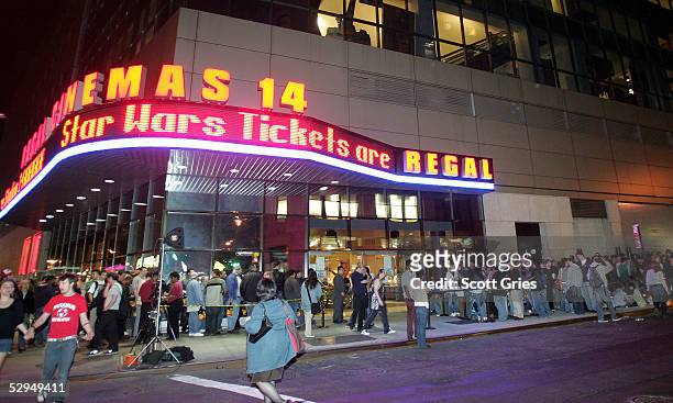 Star Wars fans line up for the midnight premiere of 'Star Wars: Episode III - Revenge of the Sith' at UA Regal Cinemas May 18, 2005 in New York City.