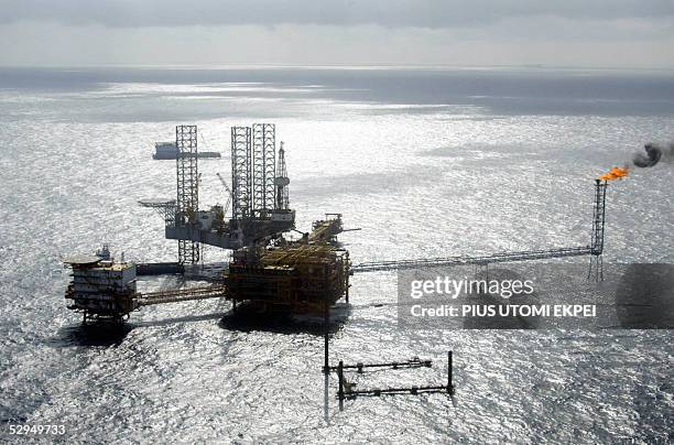 View of a Total Nigeria offshore oil and gas production platform at Amenam in the Niger delta 18 May 2005. French Trade Minister Francois Loos...